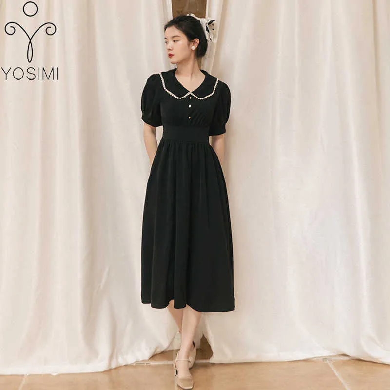 YOSIMI Noir Longue Dres D'été Vintage Perles Perles Manches Courtes Bouffantes Fit et Flare Mi-mollet Empire A-ligne Robes 210604