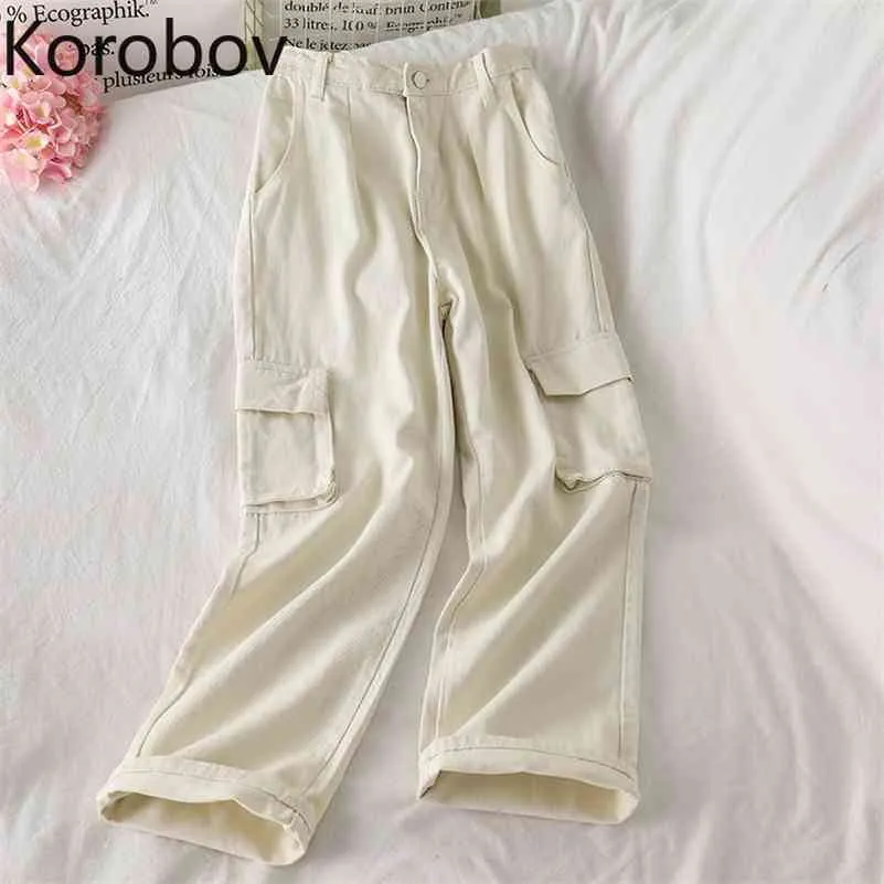 Korobov Nieuwe Hoge Taille Vrouwen Wide Been Broek Preppy Stijl Zakken Vintage Vrouwelijke Broek Streetwear Koreaanse Jeans Cargo Broek 210430