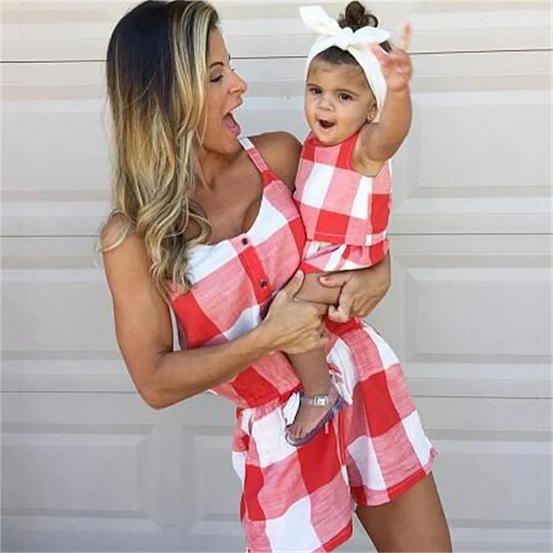 Mama und ich Kleidung Sommerkleid Mama Mädchen Sets Plaid Kurzarm Familie Look Mutter Tochter Familie Outfits 2614 Q2