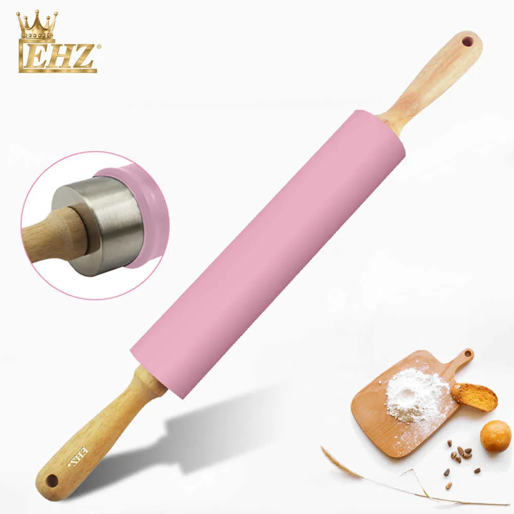 EHZ Rolling Pin 18.9 Inch Stainless Steel Silicone Roller Wheel Bread Toast Pizza Dough Baking Non-Stick Solid Wood Handle Pink 211008