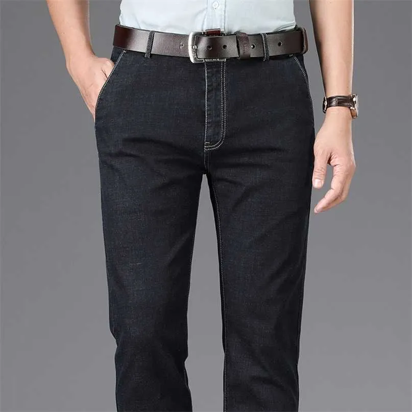 Erkek İş Yüksek Bel Denim Takım Elbise Pantolon Trendy Moda Streç Gevşek Düz İnce Kot Orta Yaşlı Yaşlı Marka Pantolon 211108