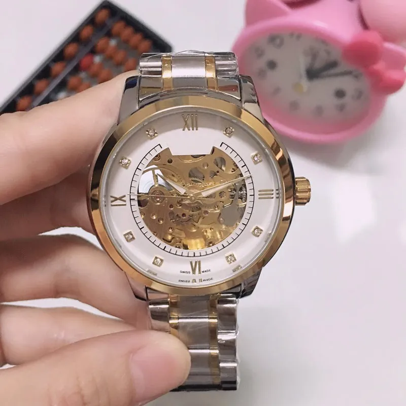 Moda lüks erkek saatler en iyi marka iskeleti mekanik otomatik hareket kol saatleri altın elmas 40mm paslanmaz çelik bant izleme Erkek Noel Hediyesi