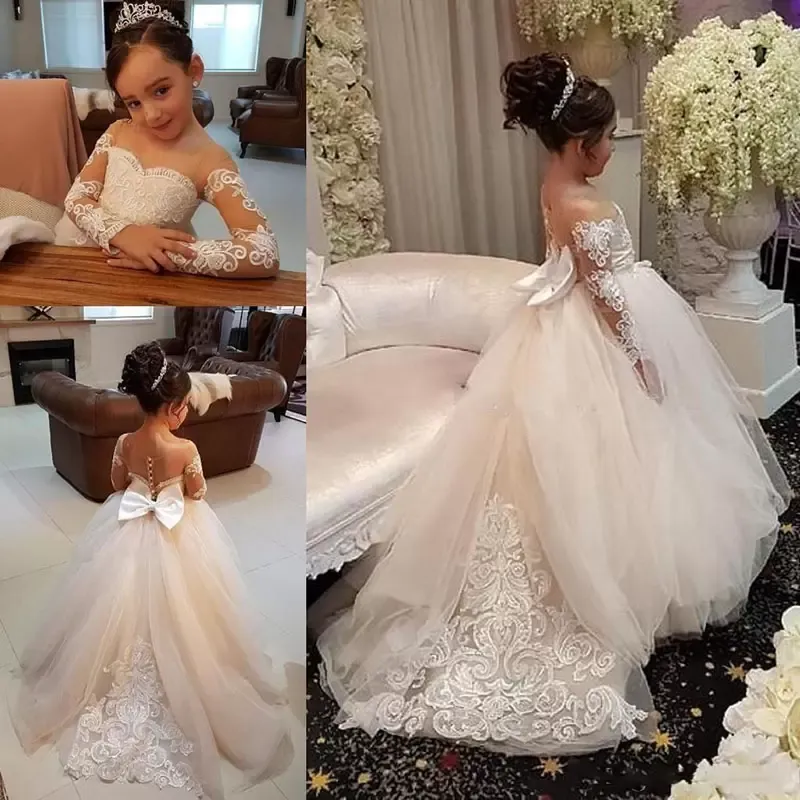 Princess Long Sleeve A Line Little Flower Girls Dresses For Wedding Bow Back Lace Tulle Kids Toddler First Communion Gowns Prom Pagenat Dress Brithday Party Wear