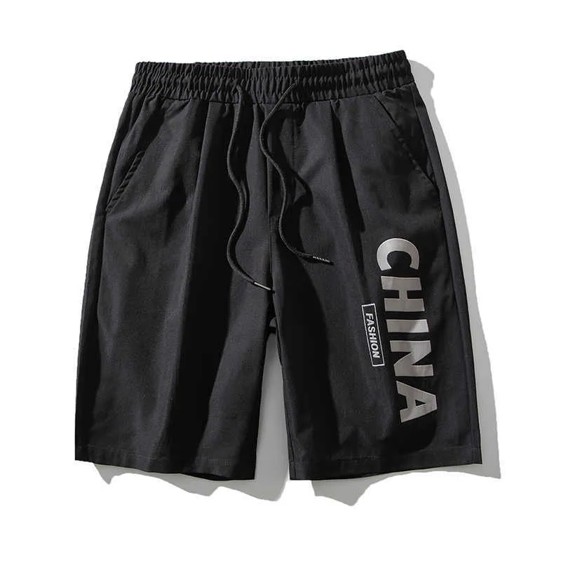 Summer Men's Shorts High Street Drawstring Cargo Shorts Men Cool China Print Loose Beach Shorts Breeches Male 210603