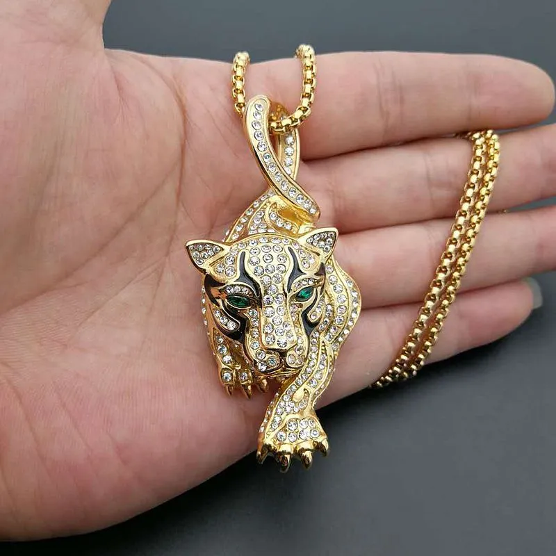 Hip Hop Charm Kolye Kakma Zirkon Bling Buzlu Out Paslanmaz Çelik Leopar Çita Panter Kolye Kolye Erkekler Rapçi Takı Için