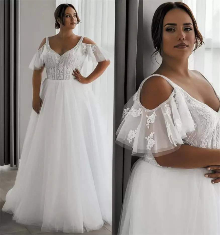 Wunderschöne Brautkleider in Übergröße, Brautkleid, Spitze, Applikation, Sweep-Zug, V-Ausschnitt, Flügelärmel, schulterfrei, Tüll, Perlen, Strandgarten, Vestido de Novia