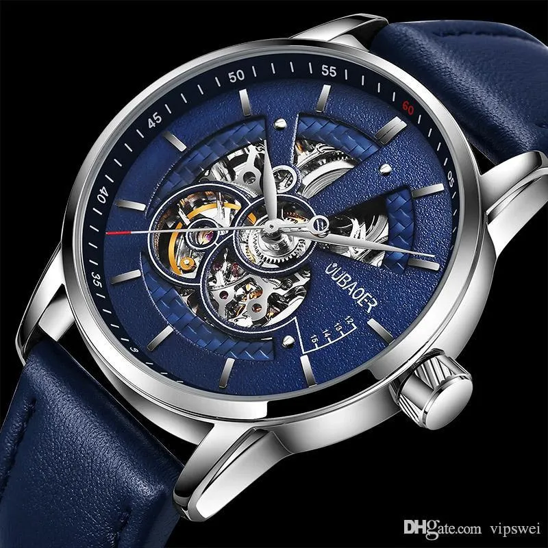 Orologi di lusso da uomo Orologi di alta qualità Quadrante blu militare Hollow Swiss l'orologio da polso impermeabile con cinturino in pelle meccanico automatico da uomo