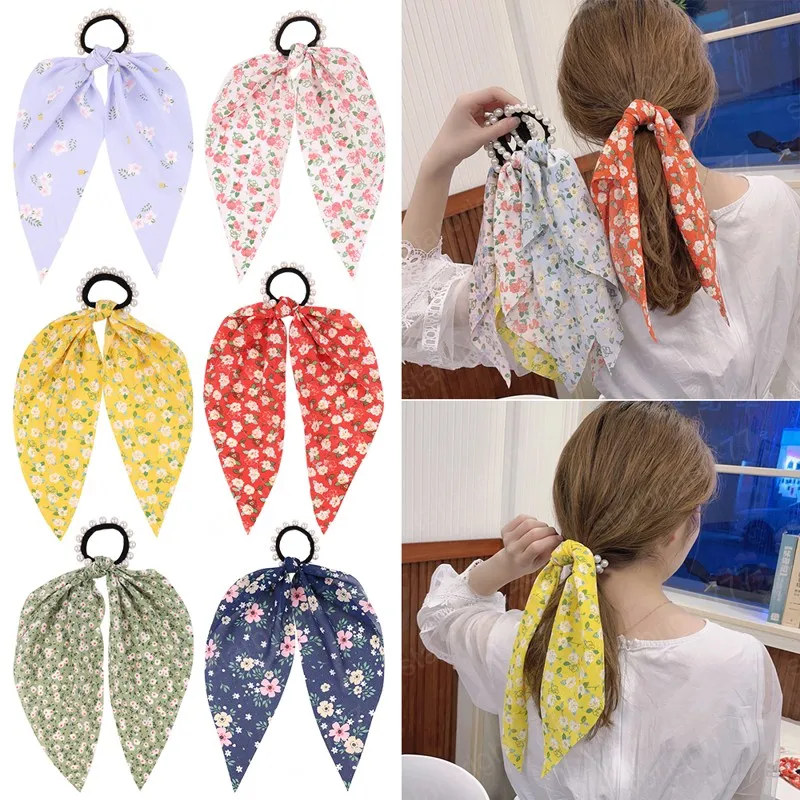 Donne elegante stampa bohemien nastro perle scrunchie dolce coda di cavallo fasce elastiche per capelli corda copricapo accessori per capelli