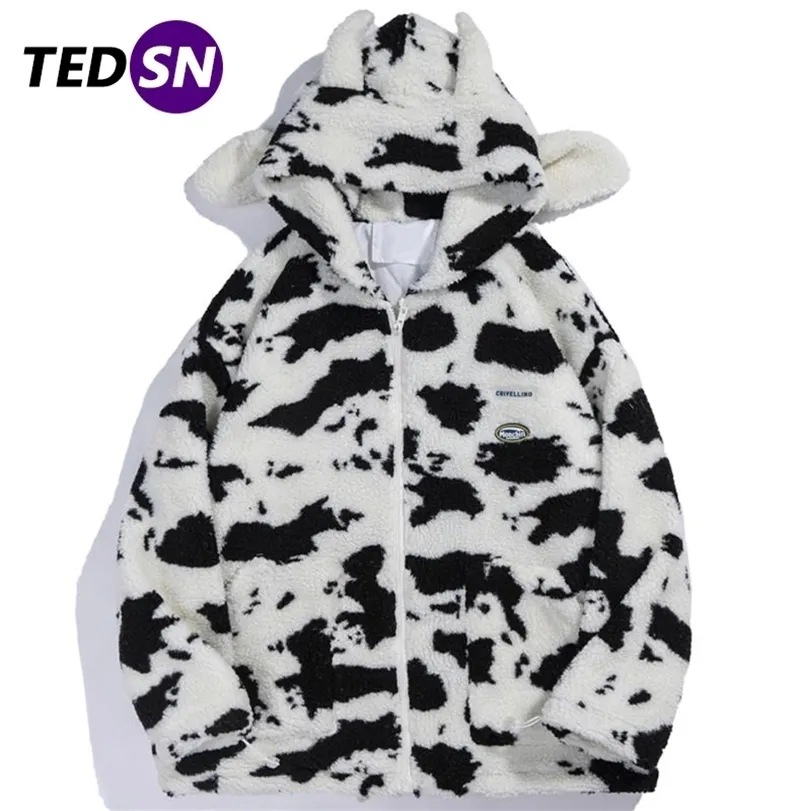 TEDSN Cow Zip Up Coat Jacket Men Women Kawaii Hoodie Winter Oversize Streetwear Casual Top Wool Cosplay Fashion Clothes 211214