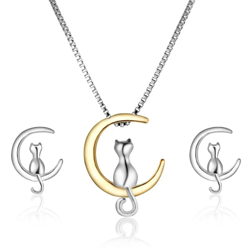Colar de pingente de lua gato bonito para mulheres prata cor cor charme amizade presentes jóias gargantilha collier