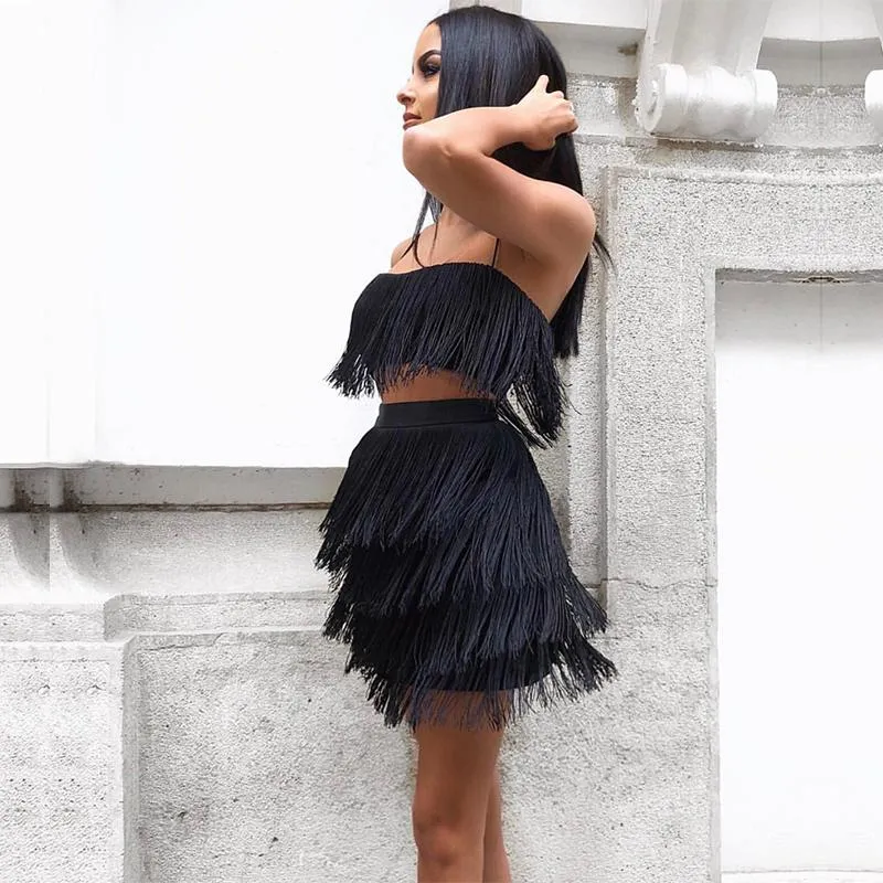 Red Fringe Two Piece Fringe Dress With Tassel Detail Perfect For