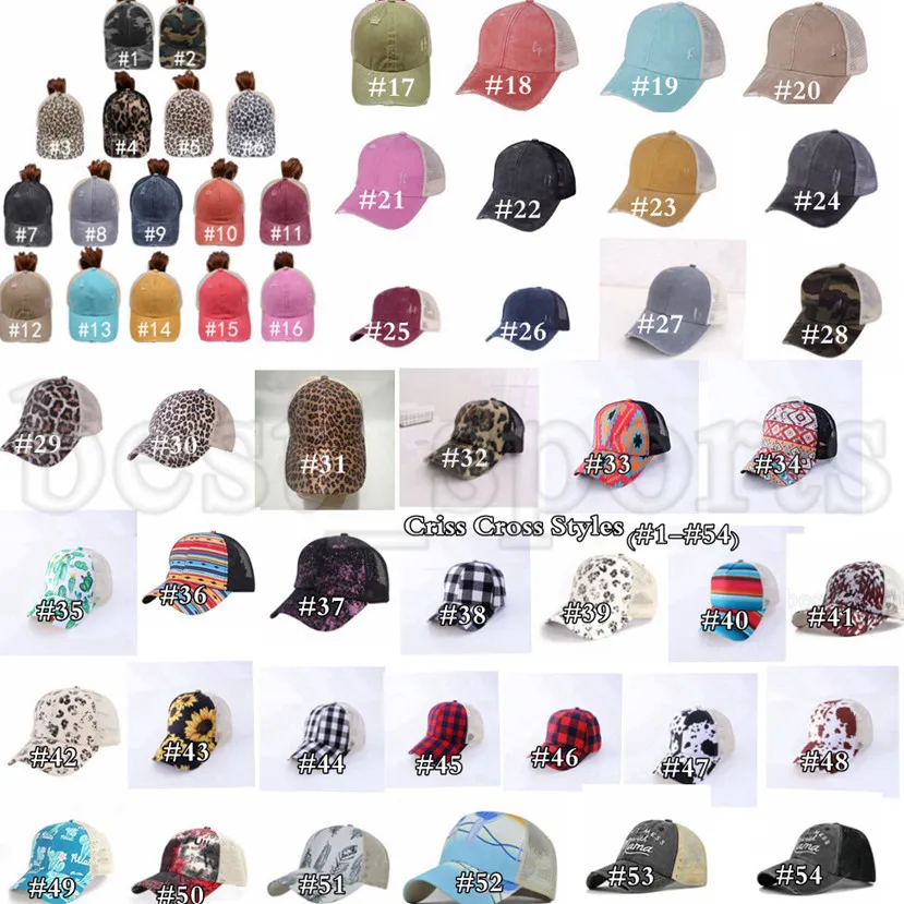 Gorra de béisbol con cola de caballo Suministros para fiestas 65 estilos Lavado Desordenado Desordenado Bollos Ponycaps Leopardo Girasol Criss Cross Camionero Malla Sombreros CYZ