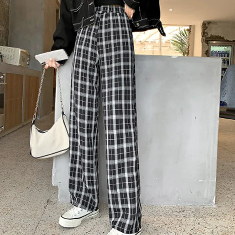 Pantalon femme à carreaux taille haute élastique femme pantalon droit Plaid jambe large lâche décontracté printemps été Streetwear fille 210518