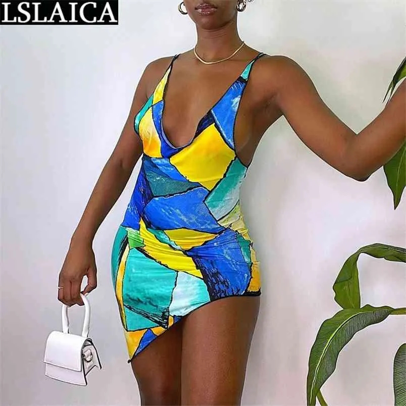 Vrouw jurk mouwloze asymmetrische geometrische patroon print es voor vrouwen vneck sexy slanke zomer straatkleding 210515