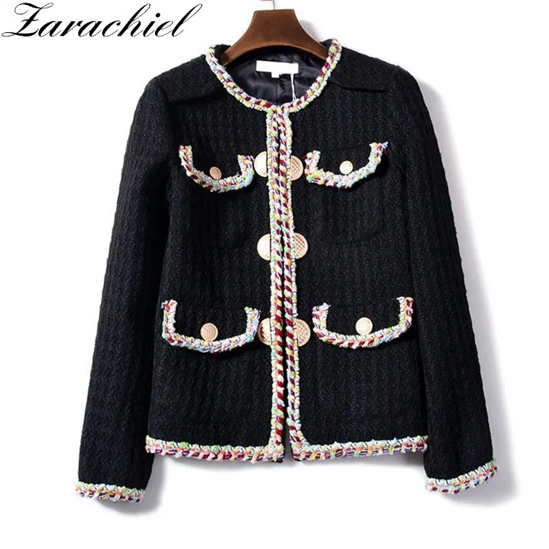 Hohe Qualität handgemachte Tweed-Mantel Frauen Winter kleine duftende Farbe Weben dicke Casaco feminino Metallschnalle Jacke 210416