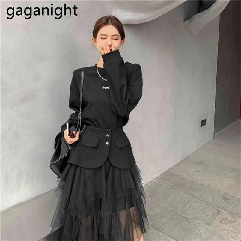 Elegant Women Two Pieces Set Letter O-neck Slim Hoodie High Waist Layer Tulle Skirt 2 Chic Outfit Lady Suit 210601