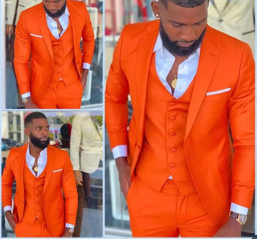 Mäns kostymer Blazers Bright Orange Lapel Män Kostym Homme Bröllopsklänning Tuxedos Terno Masculino Slim Fit Groom Prom Party Blazer 3 st 213