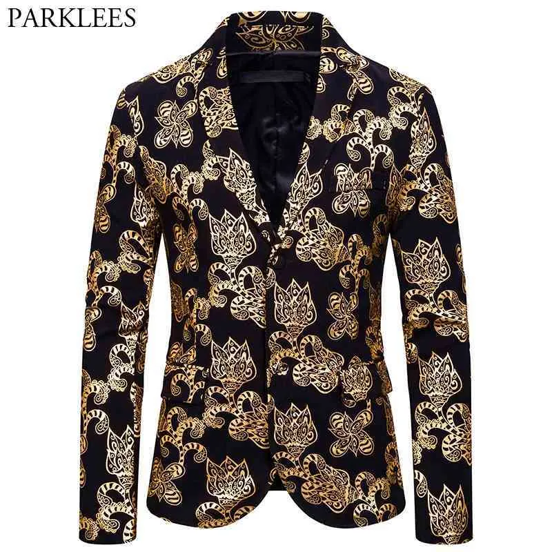 Mens Gold Floral Gedrukt Blazer Jas Merk Single Breasted Notched Reving Pak Blazer Heren Party Prom Stage Kostuums 2x 210522