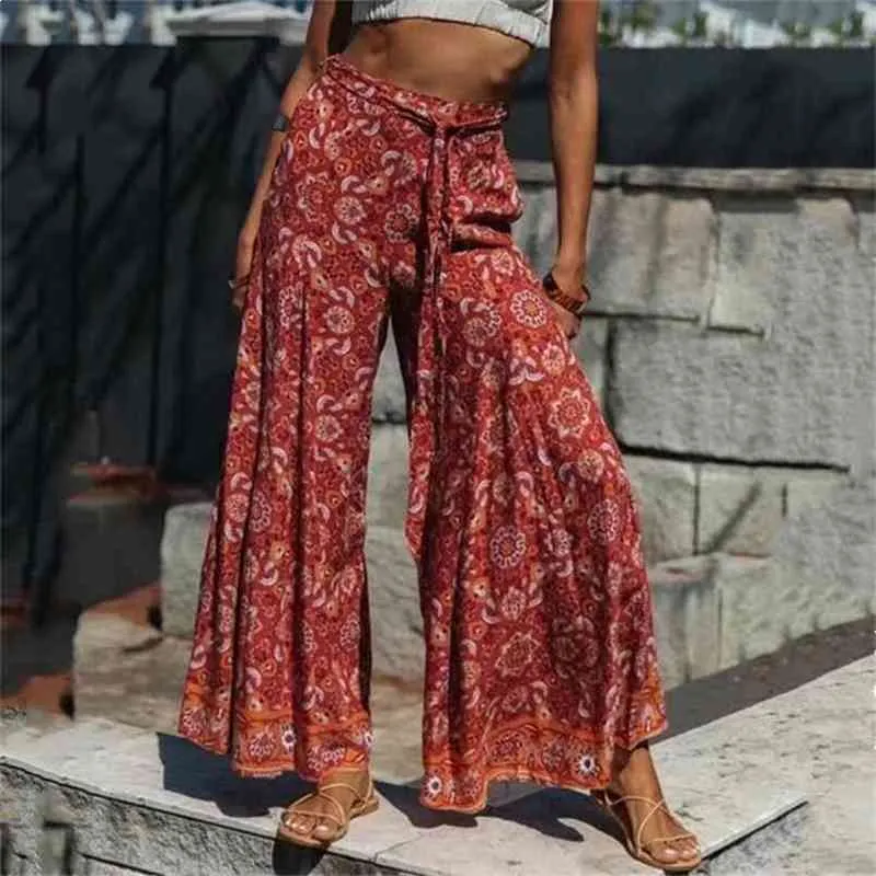 Богемский оранжевый тотемный цветок печати широкие брюки ноги этнической женщины праздник эластичный талия лук полная длина брюки Femme случайные 210429