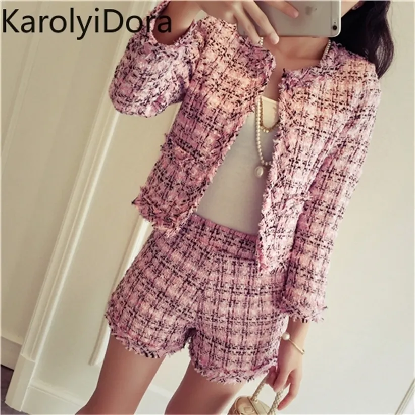 Женский костюм Весна Tweed 2 Piece Набор Женщины Слим Плед Короткие Моды Обрабатывающиеся Отделка Куртка Пальто + Кисточки Костюм 220315