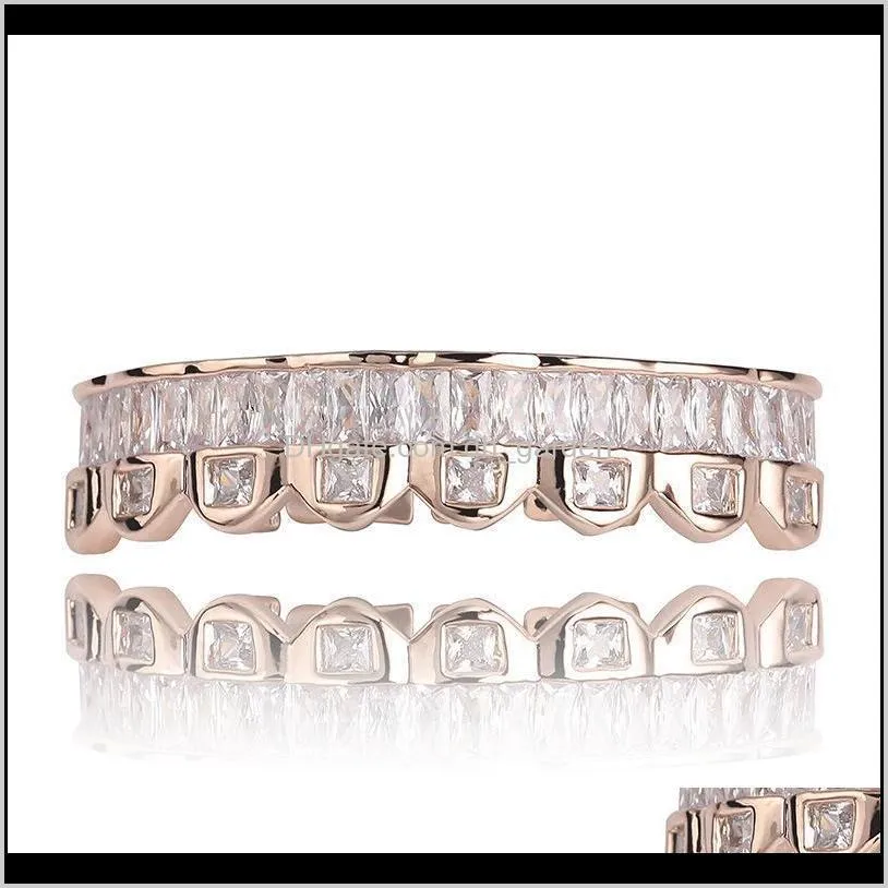 new baguette set teeth grillz top & bottom rose gold silver color grills dental mouth hip hop fashion jewelry rapper jewelry