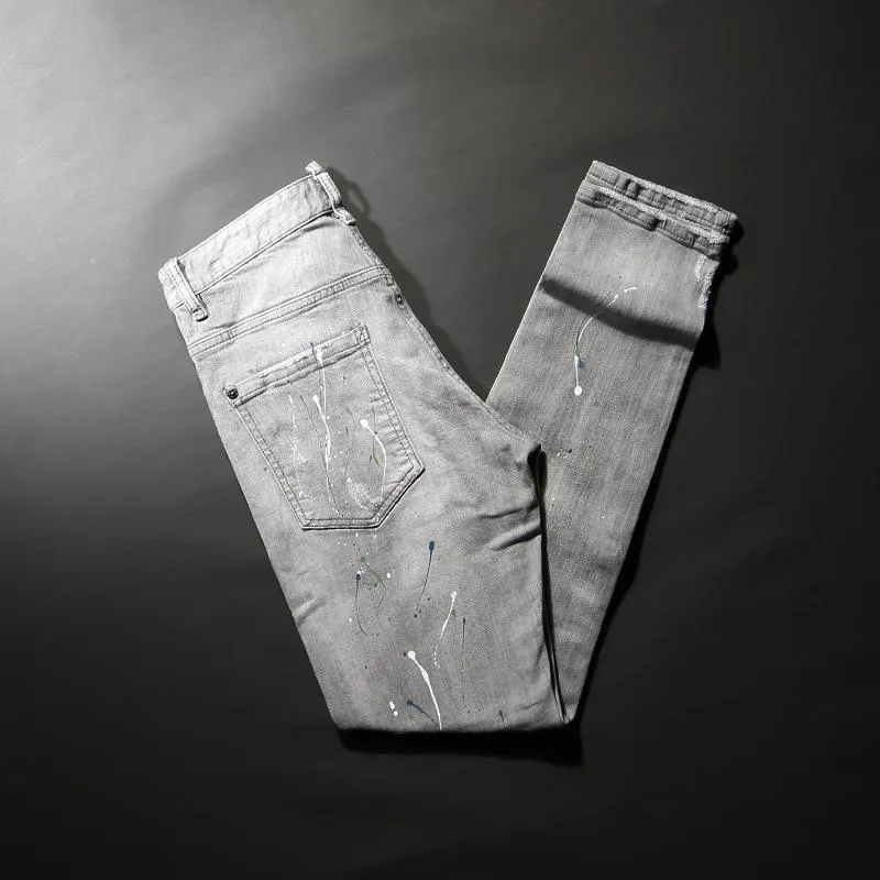 Mäns jeans street stil mode män hög kvalitet retro grå elastisk smal fit rippad plaskad designer casual denim byxor