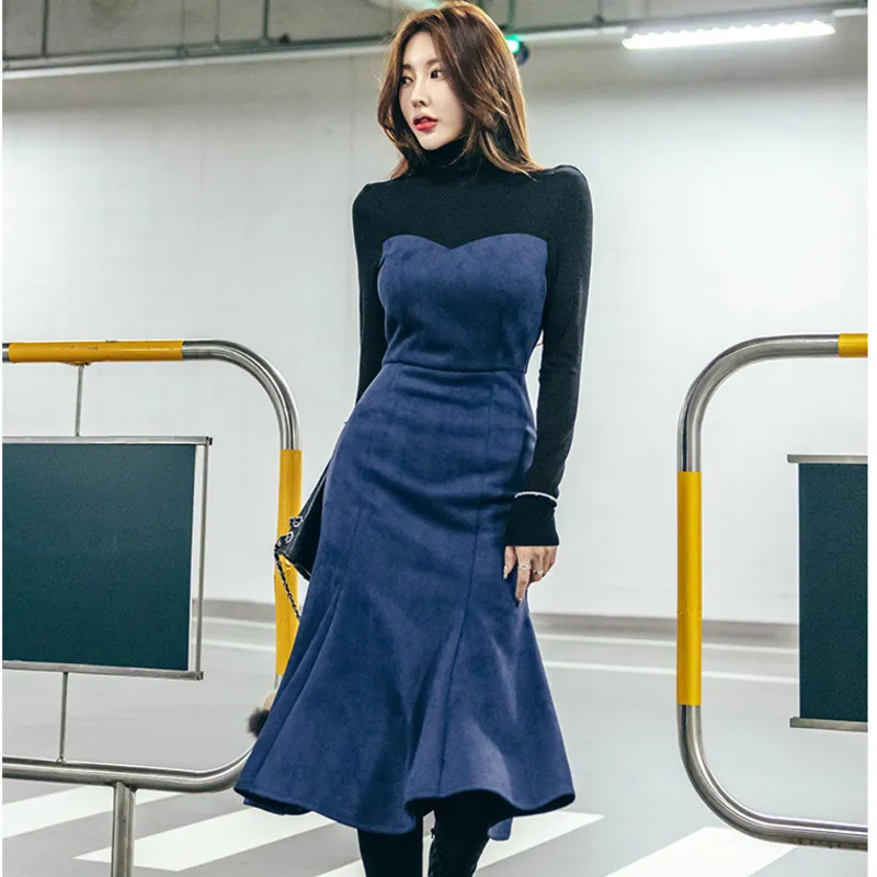Suede Stitching Waist Long Sleeve Mermaid Dress Korean Chic Fashion Ladies Casual Dresses Spring Autumn 210510