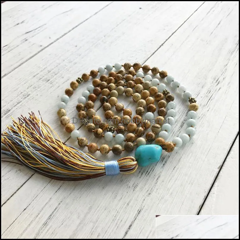 108 Knotted Mala Necklace Meditation Beads Buddhist Prayer Beads Picture Jaspers Tassel Necklace For Calming Balance Strength 210323