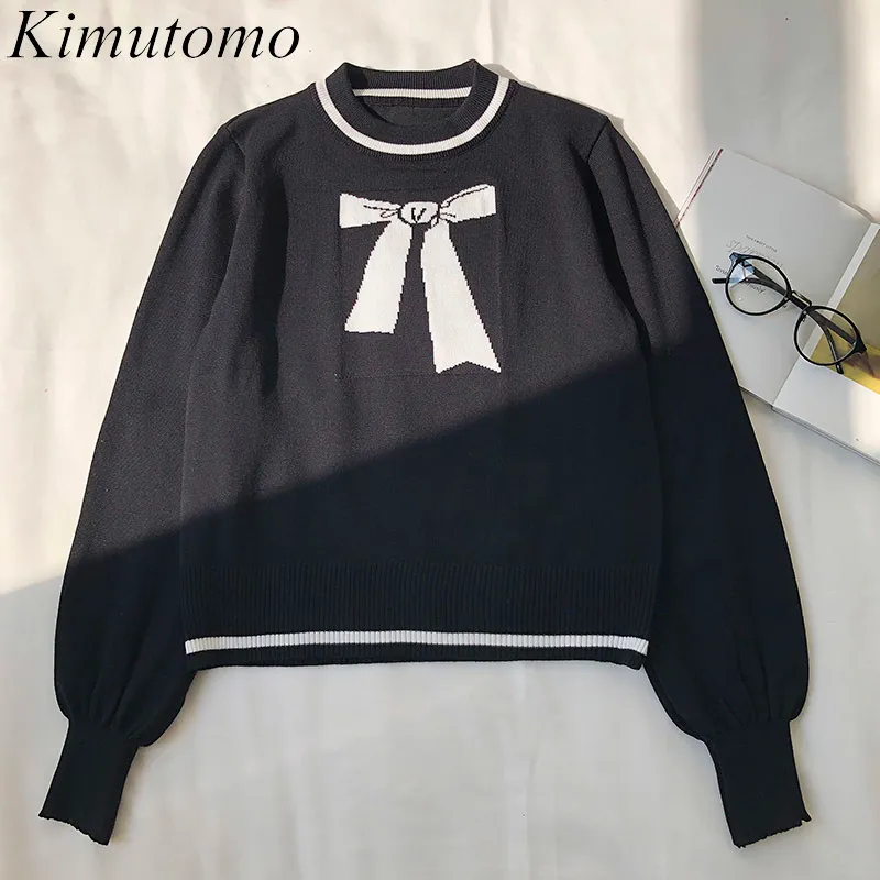 Kimutomo Sweet Retro Bow Printing Sweater Kvinnor O-nacke Contrast Färgpanel Chic Koreanskt stickade Pullovers Fashion 210521