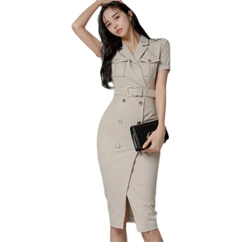 Sexy Office Tight Dress Korean Ladies Summer Short Sleeve Notchced