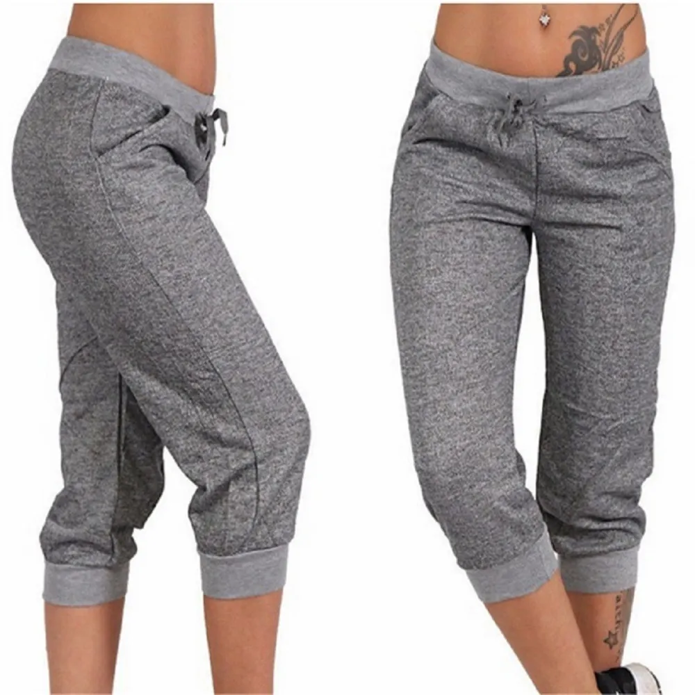 Femmes Joggers 3/4 pantalon décontracté taille élastique Sport femmes Fitness pantalon Capri tuyau Strass danse Paisley cordon femme pantalon