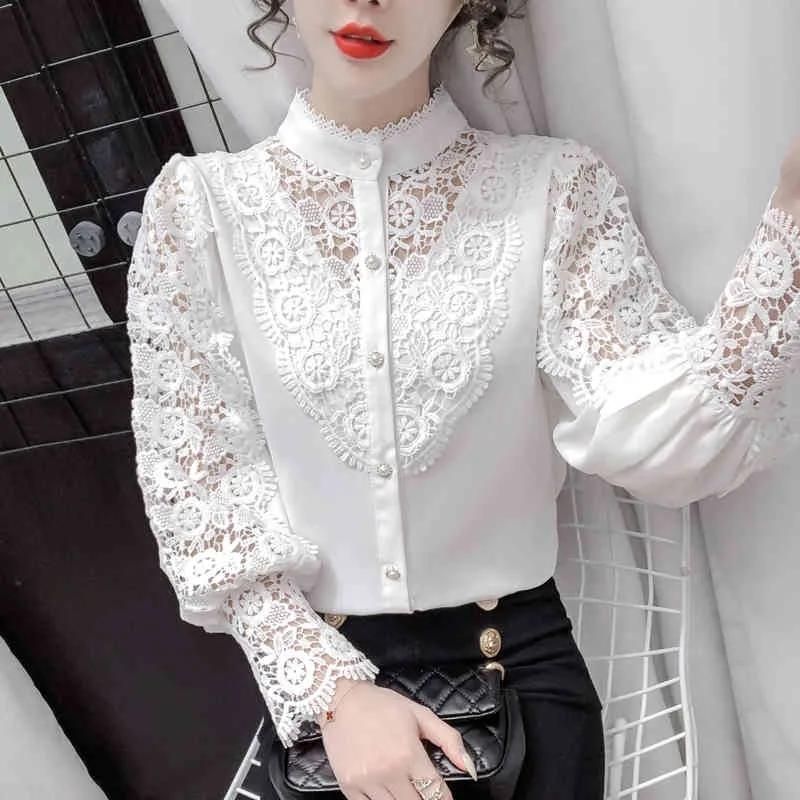Lace Stand Collar Shirt Petal Long Sleeve Top Female Hollow Out