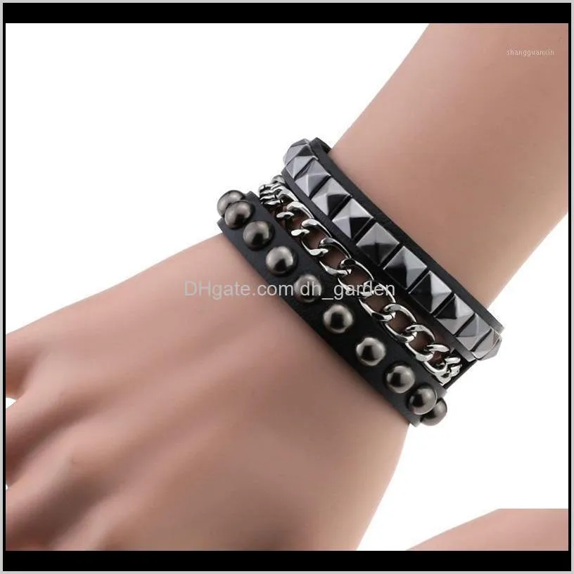 Link, Kette Drop Lieferung 2021 Mode Männer Armbänder Schmuck Punk Multilayers Rock Spikes Nieten Ketten Armband Gothic Breite Manschette Leder bang