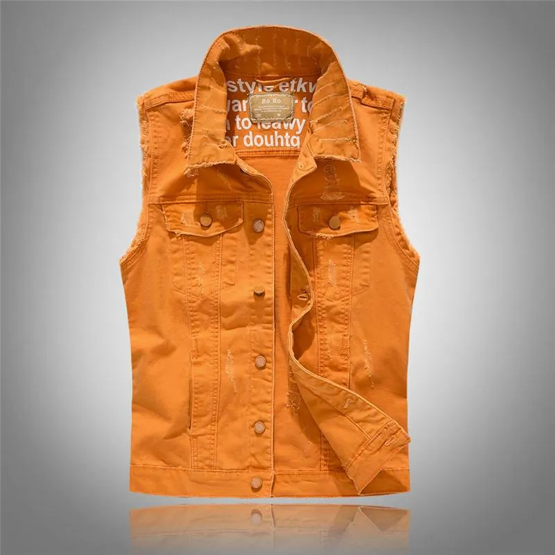 Men's Vests Slim Fit Cowboy Male Jacket Vest Ripped Denim Green Orange Black Sleeveless Casual Waistcoat Mens Coat