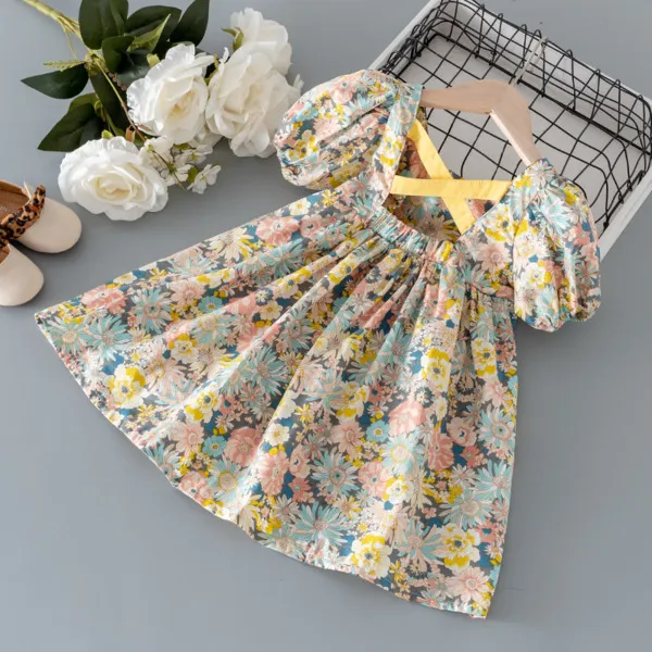 끈적 끈적한 끈적 끈적한 여름 꽃 소녀 드레스 vestidos 패션 한국 백리스 짧은 소매 공주 드레스 키즈 의상 Q0716