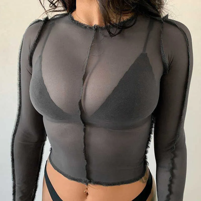 Sexy Black Mesh T-shirt court Femme Skinny Crop Top Fashion Summer Fashion Reverse Wear Basic Tops pour les femmes Fishnet Shirt 210709