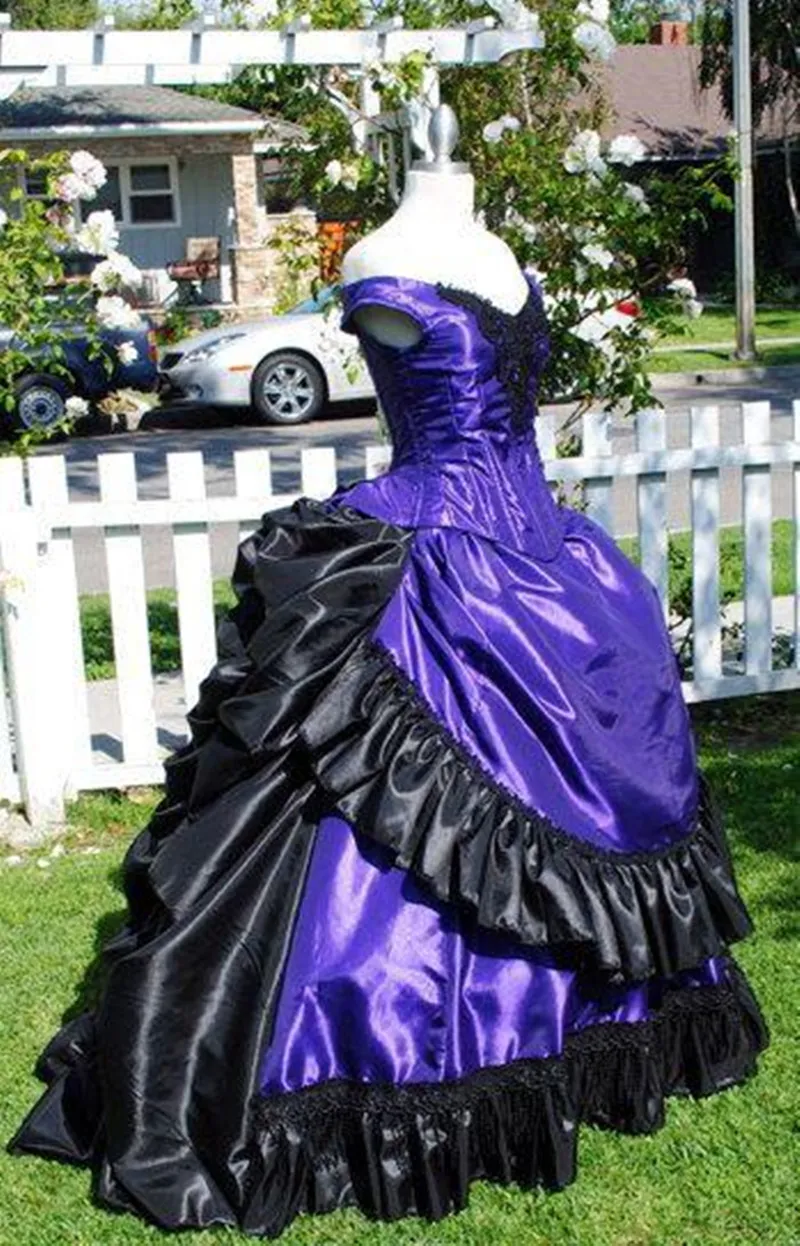 open lace back dress Black and Purple Gothic Wedding Dress With Lace Embroidery –  WonderlandByLilian main image 0