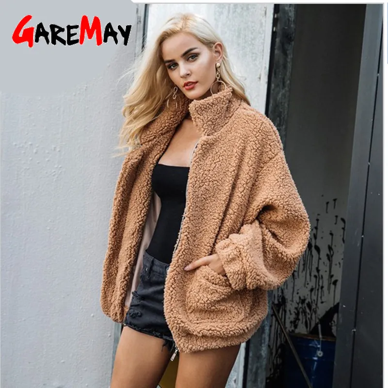 Faux Fur Coat Kvinnor Höst Vinter Varm Mjuk Zipper Jacka Kvinna Plush Overcoat Pocket Casual Teddy Coat 210428