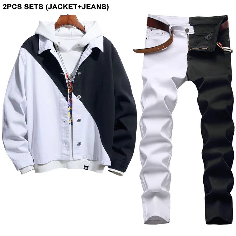 Costura Color Tracksuits Branco / Preto Homens Duas Peças De Sets Primavera Outono Jaqueta Denim + Skinny Stretch Jeans 2 Pcs-Set Conjuntos de Hombres