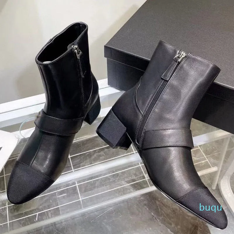 Designer - Bottes hautes en cuir noir pour femme Talons carrés Chaussures à boucle haute pour femme