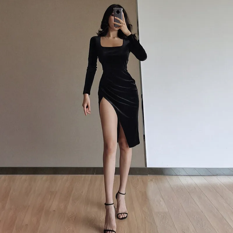 Women Gothic Black Velvet Long Sleeve Bodycon Dress with Square Neck and  High Waist from Dhgate Basic & Casual Dresses - price 32.75