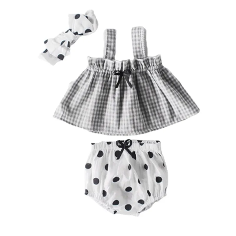 Summer baby Cotton Girl Grid Suspender top+Pants +Headband Three-piece children's Jumpsuit 210417