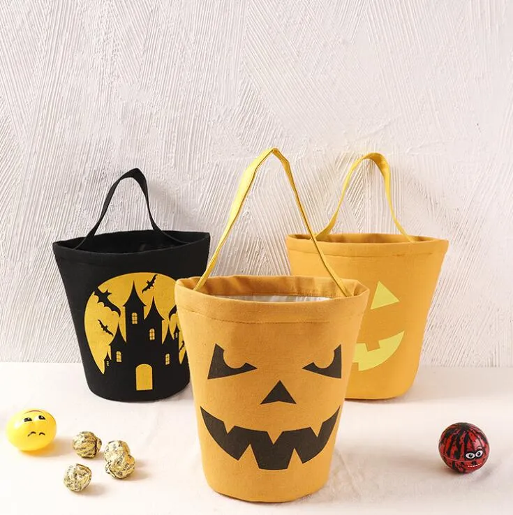 Halloween Candy Bag Festival Party Supplies Canvas Gift Bucket Candies Pack with Handle Black Devil Orange Packs Home Festivals Decoration A02