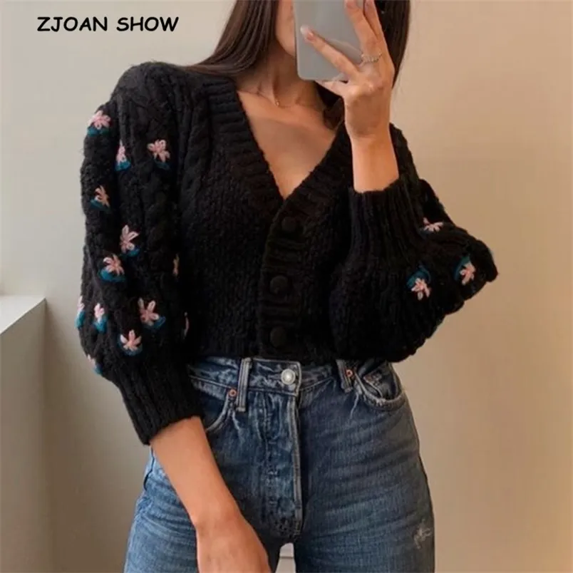 Stylish Women Puff Sleeve Hand Crochet Cardigan Streetwear V neck Long sleeve Knitted Cropped Sweater Yellow Black Korea Clothes 210429