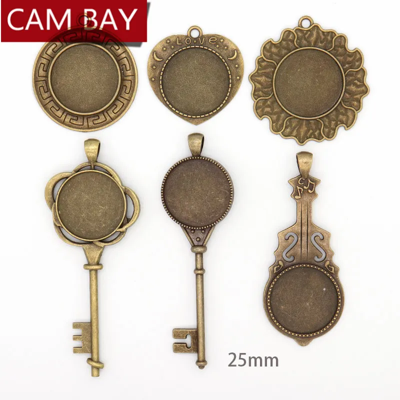 50 adet / grup Vintage Alaşım Anahtar Kolye Takı Ayarları Fit 25mm Yuvarlak Cabochon Cameo Kolye Baz Tepsi Çerçevesi Boş DIY Jewel Ayarı