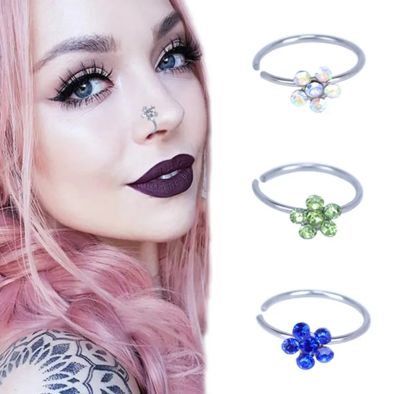 Anneau de nez en cristal transparent fleur, Clip scintillant sur faux Septum, Piercing, bijoux pour femmes et filles