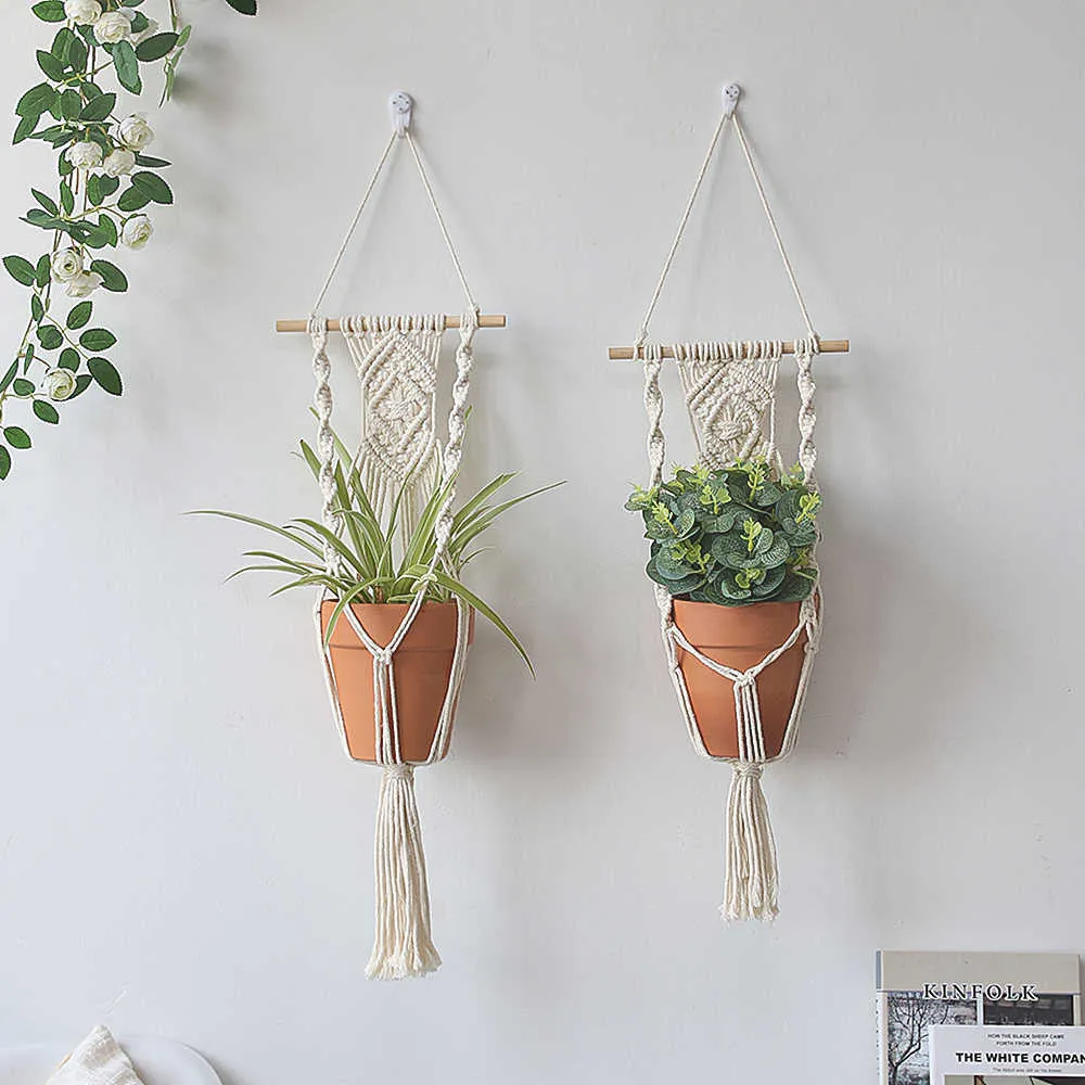 Macetero Colgante De Macramé Hecho A Mano - Cuerda De Algodón, Estilo Boho, Para Plantas De Interior
