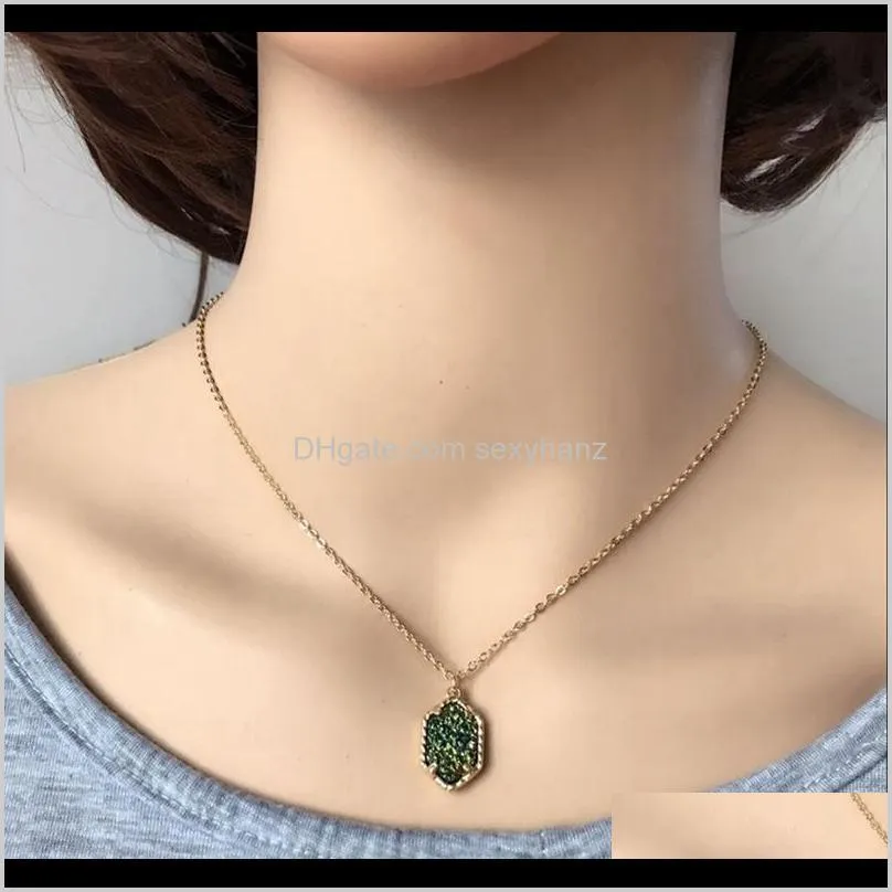 Natural Stone Pendants for Women Gold Plated Hexagon Natural Stone Necklace Druzy Stone Necklaces 10 Colors
