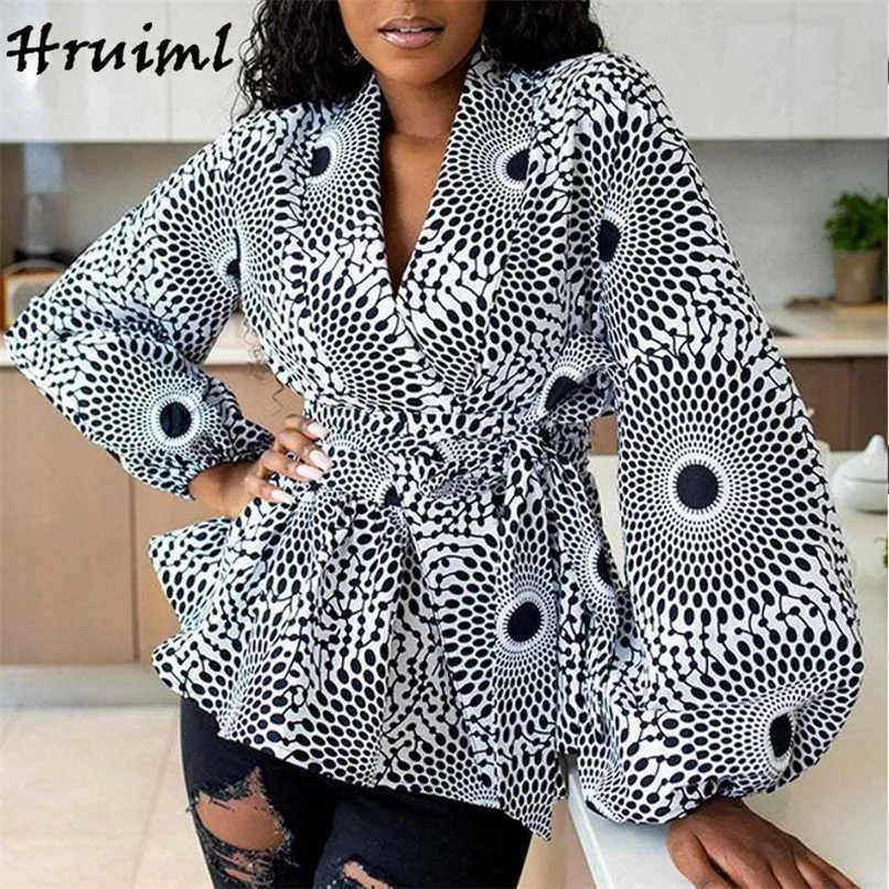 Manteaux et veste col en V mode Style africain vestes pour femmes impression Cardigan à bretelles lanterne manches veste femme 211109