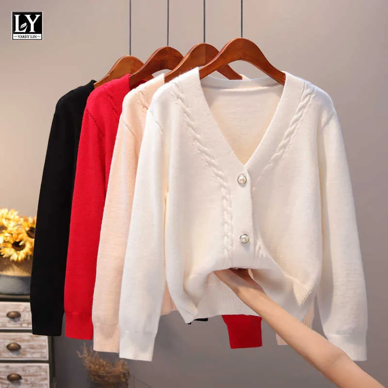 Ly Varey lin вязаные свитера женщины осень зима корейский стиль сексуальный v шеи одиночный солидный белый короткий кардиган 210526